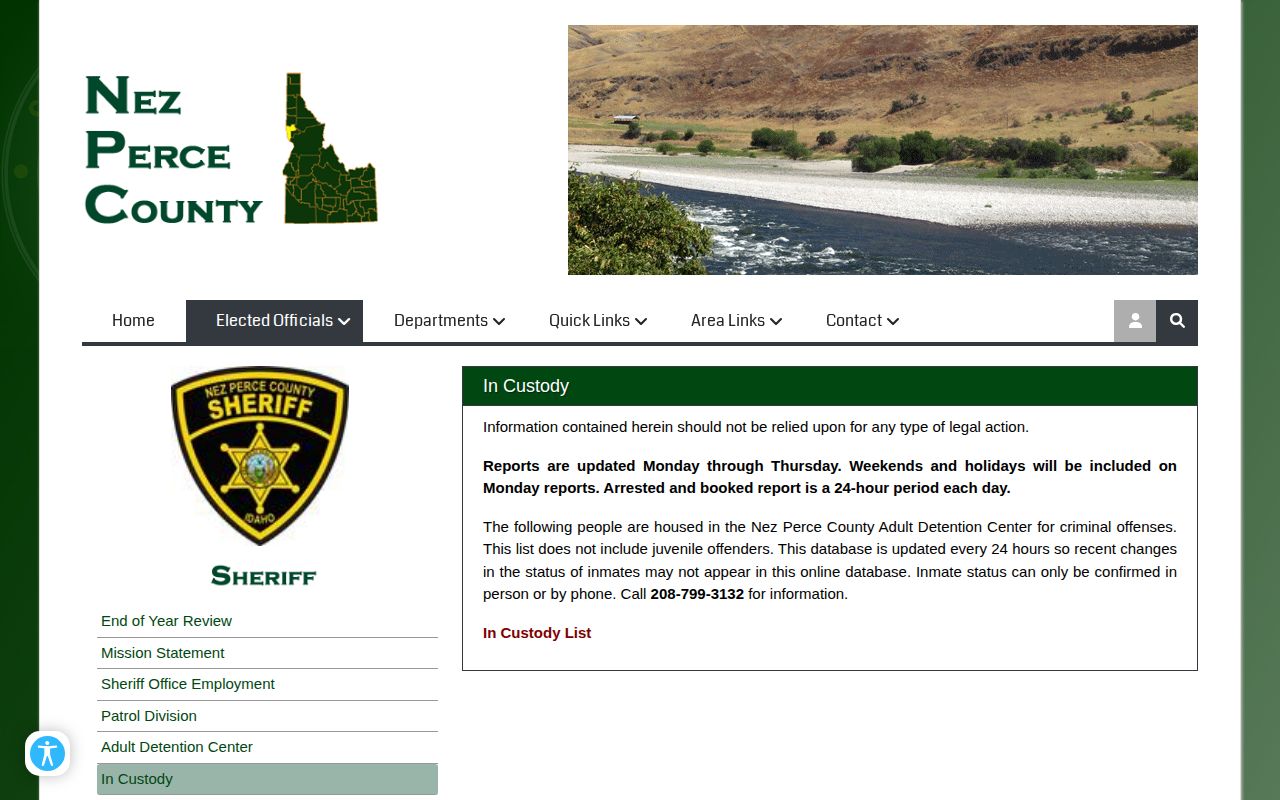 Nez Perce current custody report for Latah County detainees