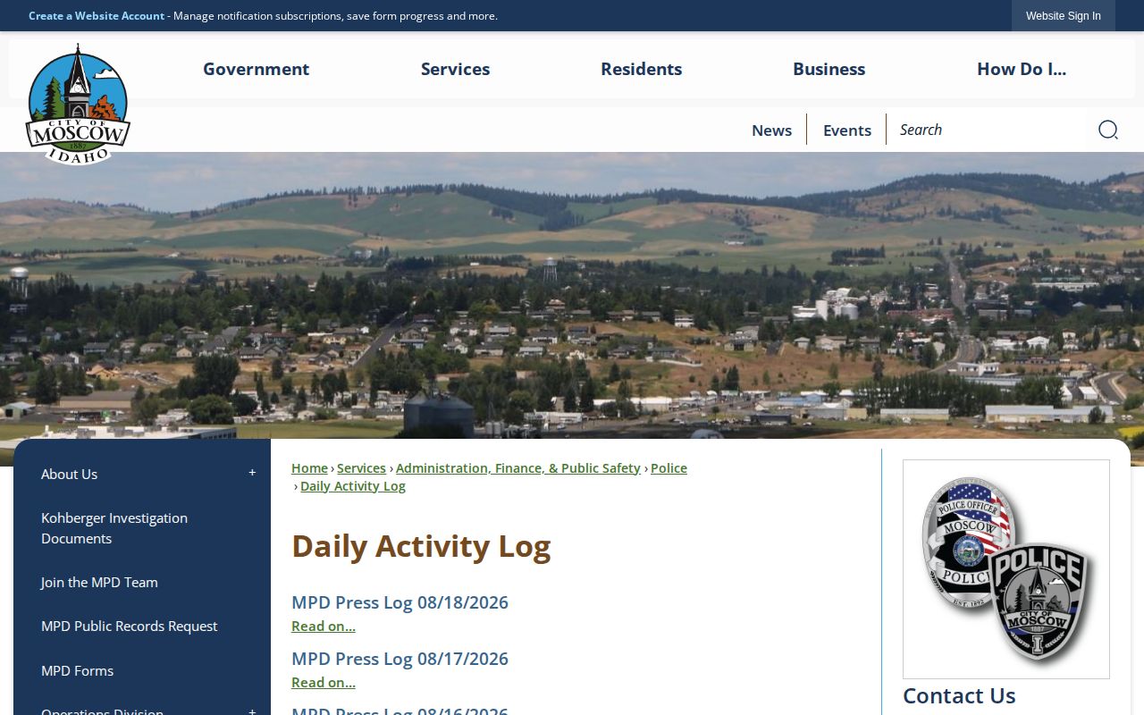 Latah County Moscow Police Daily Activity Log for city incident records