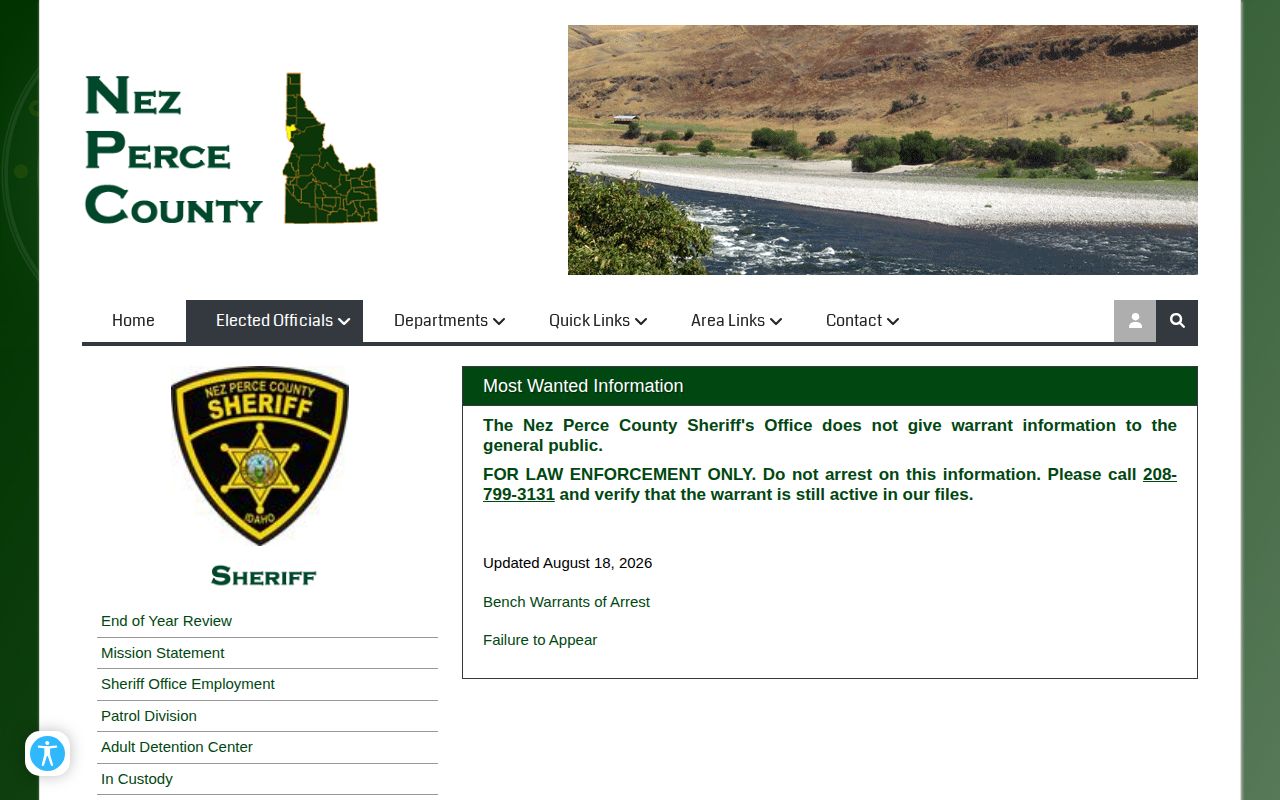 Nez Perce most wanted and warrants source used for Latah custody context
